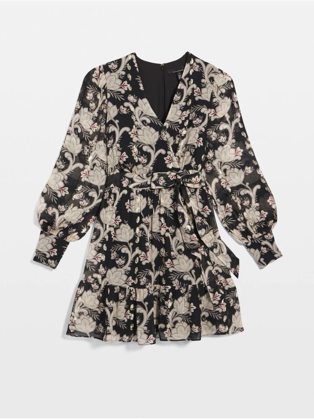 White House Black Market Floral Tie-Waist Black Mini Dress size 12 NWT